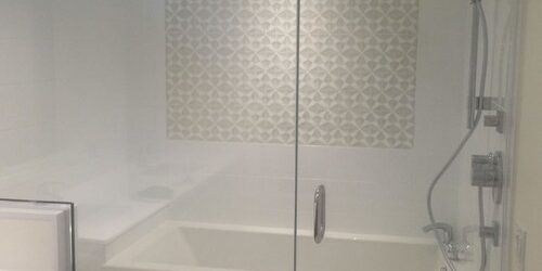 Modern glass-enclosed bathtub with rainfall shower